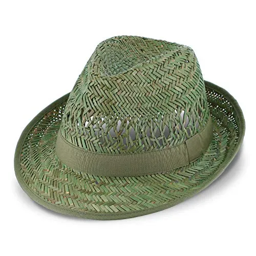 fiebig Gartenhut Strohtrilby für Damen & Herren | Sonnenhut in klassischem Look | Sommerhut mit Ripsband, Innenband & Einfass an der Krempe | Verschiedene Größen | Farbe Grün (59-L)