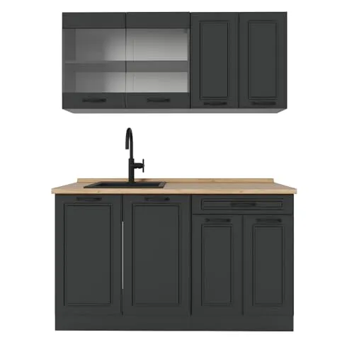 Vicco R-Line Küchenzeile Anthrazit 140 cm mit Arbeitsplatte Eiche
