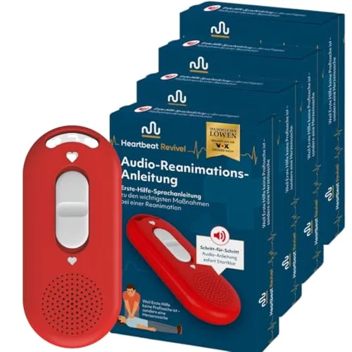 Heartbeat Revivel Audio-Reanimations-Anleitung 4er Set - SOFORT STARTKLAR – Mit Schiebeschalter sofort einsatzbereit. Klare Schritt-für-Schritt-Anweisungen für Notfälle. Ideal für Zuhause, Auto und Büro. Kompakt und robust, passt in jede Tasche und bietet Orientierung in Stresssituationen.
