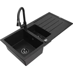 Produktbild Mexen Andres 1,5-Becken-Granitspüle mit Abtropffläche und Mischbatterie Elia, Schwarz