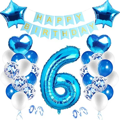 Geburtstagsdeko Jungen 6 Jahr,Luftballon 6. Geburtstag Blau,Happy Birthday Dekoration Zahl,Nummerndekoration,Luftballon 6. geburtstag Junge Deko,Folienballon 6,mit Banner