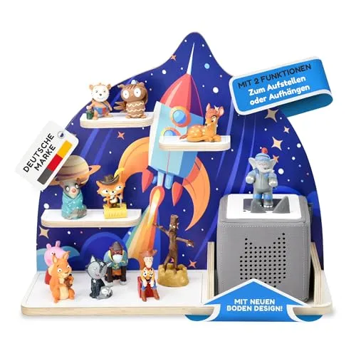 stadtecken Kinder Regal für Musikbox – Rakete Design - Regal für Baby- & Kleinkinderzimmer, bietet Platz für ca. 35 Tonies und hat eine praktische Magnetfunktion für kreative Aufbewahrung.