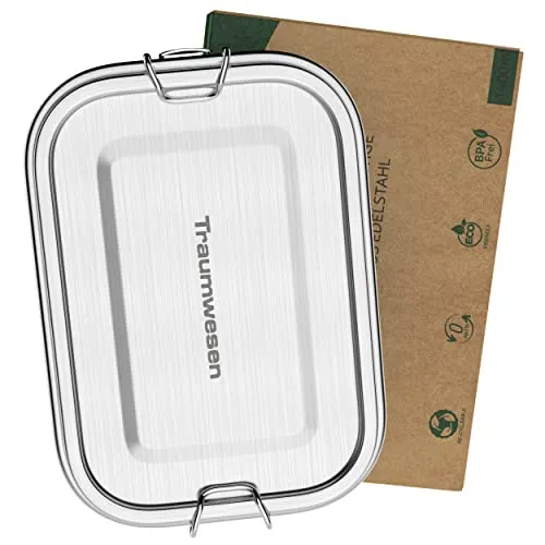 Traumwesen Stainless Steel Lunch Box (800 ml) for Children, Includes 2 Compartments and Replacement Seal – Food Storage Container Leak-Proof with Removable Divider – Small Lunch Box, 800 ml, Silver