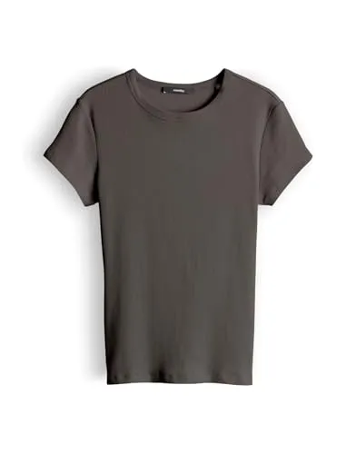 someday Damen Kurzarmshirt KLEOH Slim | Elegantes Rippshirt aus BCI Cotton Mix Dark Truffle, Größe 42