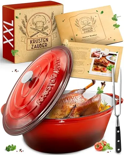 KRUSTENZAUBER Gusseisen Bräter 37,5cm - 10L backofengeeignet mit Deckel und Fleischgabel, ideal für saftigen Gänsebraten und perfekte Kochergebnisse
