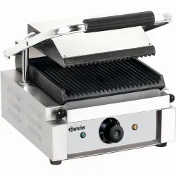 Bartscher Kontaktgrill 1800 1R - Multifunktionsgrill mit Gusseisenplatten - Großküchentechnik mit 1800 Watt Leistung für schnelles, fettfreies Grillen von Steaks, Fisch und Sandwiches. Gerillte Gusseisenplatten garantieren krosse Ergebnisse und einfache Reinigung.