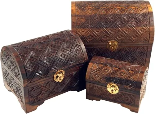 GURU SHOP Halbrunde Beschnitzte Kleine Schatztruhe, Holzschachtel, Schmuck Dose - Modell 3, Size:klein (11x15x10 cm)