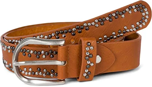 styleBREAKER Nietengürtel mit mehrfarbigen Nieten - Kürzbarer Hüftgürtel in Cognac - Damen-Gürtel mit edlem Uni Design und farbenfrohen Nieten, individuell kürzbar für perfekten Sitz und vielseitige Kombinationsmöglichkeiten.