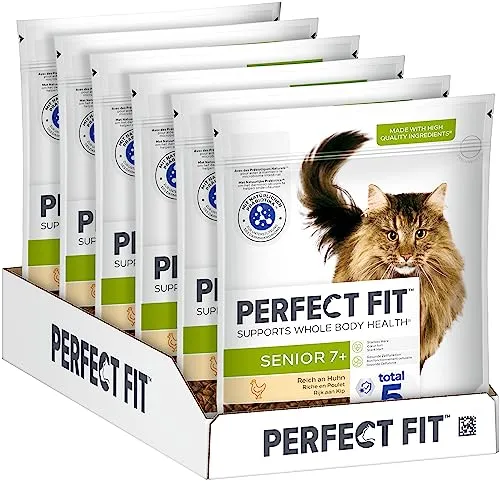 PERFECT FIT Senior Trockenfutter für ältere Katzen - Huhn, 750g - Katzenfutter für Senioren ab 7 Jahren, unterstützt gesunde Haut und Fell mit Zink, angereichert mit Taurin und Vitaminen für starke Abwehrkräfte.