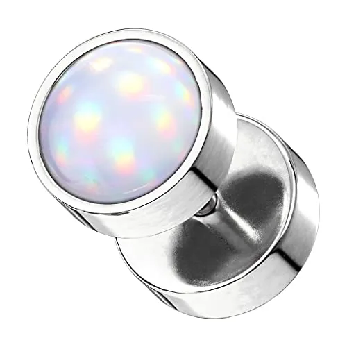 Piercingfaktor Runde Ohrringe Ohrstecker Fake Piercing Ohr Plug Flesh Tunnel Platte Stecker Hantel mit glänzenden Epoxy Stein Silber Weiß