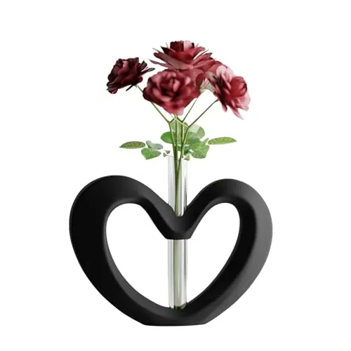 Shapes - Decorations Herz Vase Modern, Recycelter Kunststoff, Minimalistische Tischvase mit Glasröhrchen für Einzelblume, Matt Finish, 18 x 13 cm, Wasserdicht, Valentinstag (Schwarz)