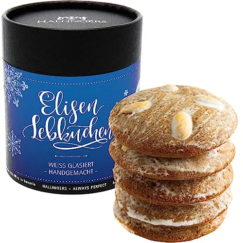 Hallingers Genuss Manufaktur 5 saftige Elisen-Lebkuchen hoher Kernanteil handgemacht in edler Papierdose|Made in Bayern