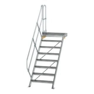 MUNK Aluminium-Treppe Plattform 45° 8 Stufen - Podesttreppe aus robustem Aluminium mit rutschsicheren Stufenbelägen, TÜV-zertifiziert und 15 Jahre Qualitätsgarantie. Ideal für sichere und langlebige Einsätze in Industrieumgebungen.