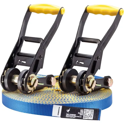 Gibbon Flow Line TreeWear Set - Slackline - Slackline Set für Unisex / Erwachsene, mit 2,5 cm breitem Band für hohe Stabilität und einfachem Aufbau dank zwei Ratschen und Spacern. Ideal für Longlinen und Outdoor-Aktivitäten.
