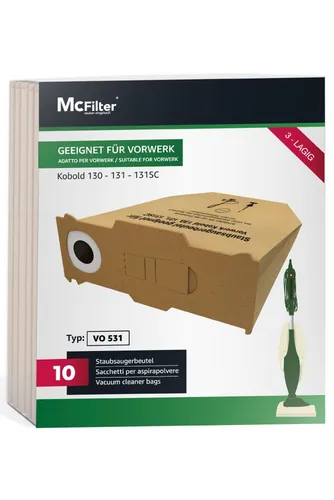 McFilter Staubsaugerbeutel (10 Stück), passend für Vorwerk Kobold 130 131 SC, 10 St., 3-lagig, Pappdeckscheibe, inkl. Staubverschluss