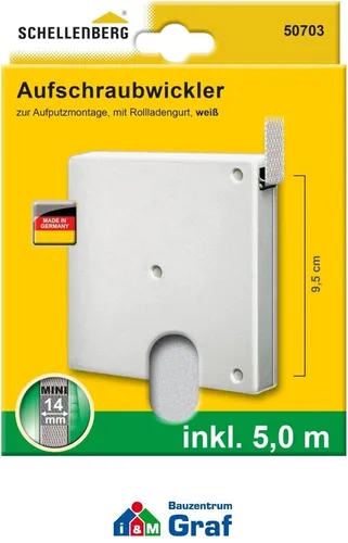 SCHELLENBERG kompakter Aufschraubwickler MINI mit Rollladengurt, weiß - Rollläden Gurtwickler in Weiß, platzsparend und ideal für eine einfache und schnelle Installation.