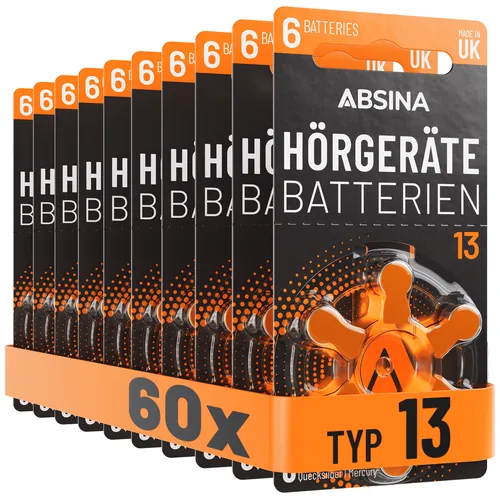 ABSINA Hörgerätebatterien 13 - 60 Stück Zink-Luft 1,45V, langlebig und zuverlässig für optimale Hörgeräteleistung