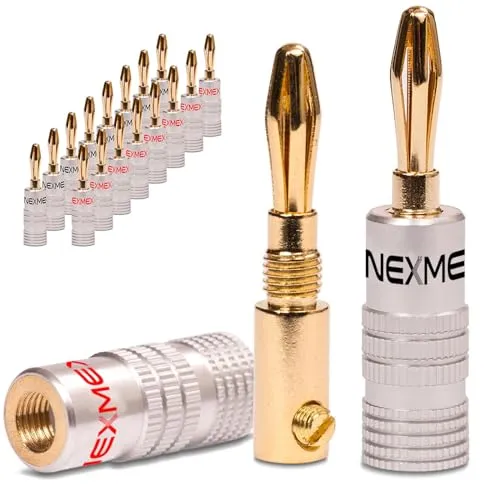 NEXMEX Bananenstecker 4mm - 18 Stück Stecker als Set - Steckverbinder 24K vergoldet Schraubbar für Lautsprecherkabel - HiFi Lautsprecheranschluss