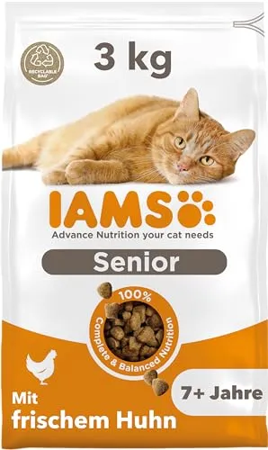 IAMS Senior Katzenfutter trocken mit Huhn - 3 kg Trockenfutter für Katzen ab 7 Jahren, unterstützt Vitalität und gesunde Gelenke mit 86% tierischen Proteinen