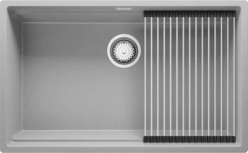 PRIMAGRAN Unterbauspüle Granit Grau 76x47cm, Spülbecken 1 Becken + Ablauf-Set + Aufrollbare Abtropffläche, Granitspüle ab 80er Unterschrank - Praga S395