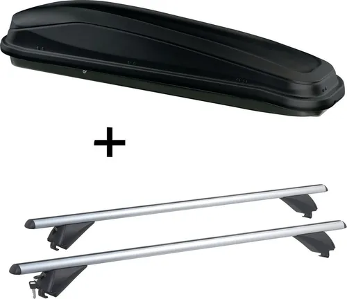 Dachbox JUEASY300 300 Liter schwarz + Alu Dachträger für Audi Q3 - Praktisches Set: Dachbox JUEASY300 (300 Liter) und Aluminium-Dachträger für Audi Q3 (5 Türer, ab 2011). Ideal für bis zu 6 Skier und einfache Montage. Mehr Platz für Ihre Reisen!