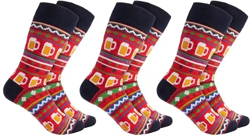 BRUBAKER 3 Paar Weihnachtssocken für Damen und Herren - Weihnachtsmuster mit Bier Rot - Baumwolle Socken Weihnachten - Größe 41-45
