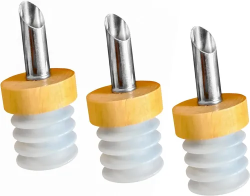 Ausgießer Holz, Essig Öl Flaschen Korken Edelstahl Wein Spirituosen Dosierer x3