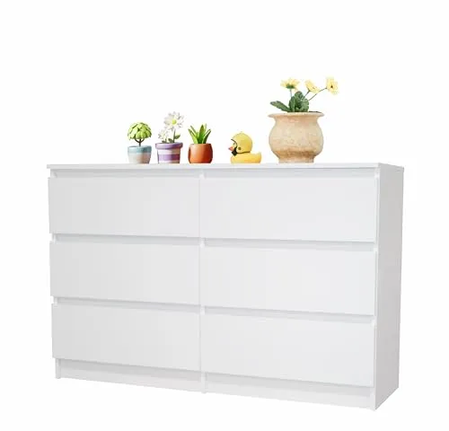 Home Collective Kommode weiß mit sechs Schubladen, Schlafzimmer Flur, Schrank, Sideboard, Highboard, Breite 120 cm Höhe 77cm