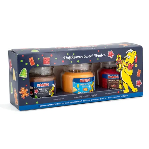 Haribo Duftkerze Sweet Winter 3er Set - 3er Set mit verführerischen Düften für eine gemütliche Atmosphäre, ideal für die Winterzeit und stimmungsvolle Abende.
