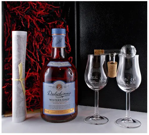 Geschenk Dalwhinnie Winters Gold Whisky + Glaskugelportionierer + Bugatti Gläser
