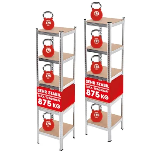 EASYmaxx Schwerlastregal 2er-Set 40x40x180 cm | 875 kg Traglast - STABIL UND PLATZSPAREND: Mit einer Traglast von bis zu 875 kg und 5 verstellbaren Ablagen ist dieses Regal ideal für Keller, Garage und Werkstatt. Einfacher Aufbau ohne Werkzeug für maximale Flexibilität und Ordnung.