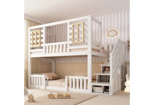 Redom Etagenbett Weiß, 90x200 cm – Platzsparendes Kinderbett mit Treppenschrank - Entdecken Sie das Redom Etagenbett in Weiß! Ideal für Kinderzimmer, bietet es Platz für zwei und überzeugt mit einem praktischen Treppenschrank für Stauraum. Stabil und sicher für unbeschwerte Nächte.