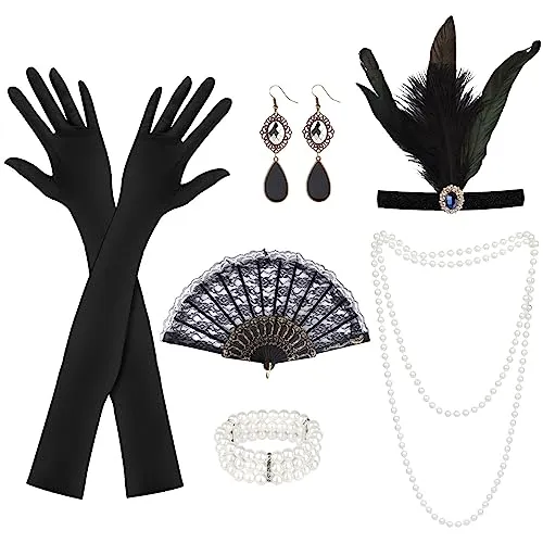 20er Jahre Accessoires, 6 Stück 1920 Zubehör Set, 20er Jahre Kostüm Damen, Great Gatsby Accessoires Damen mit Flapper Stirnband Handschuhen Perlenkette Ohrringen Handheld-Requisiten für Abschlussball