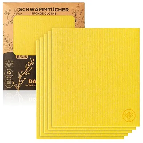 DANIHOME® Öko Spültücher 5er-Set: Abwaschlappen & Schwamm für Küche | 30% Baumwolle | Waschbar & Biologisch Abbaubar | Gelb | Saugstark für Auto & Garten