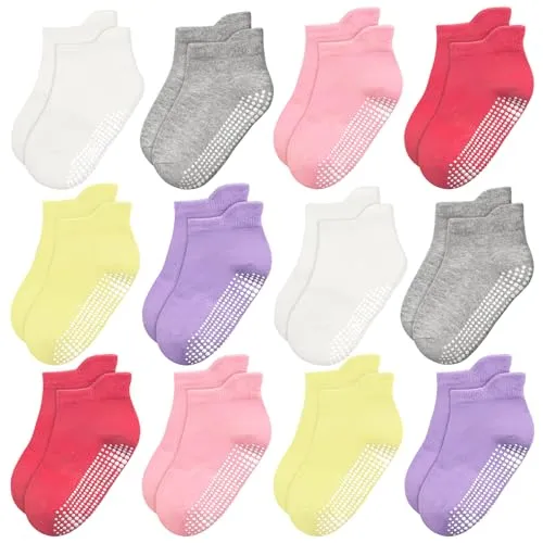 ELUTONG Antirutsch Socken Kinder,12 Paar Stoppersocken Kinder Baumwolle Rutschfeste Socken für 1-3 Jahre Jungen Mädchen(weiß,rot,grau,lila,gelb,rosa)