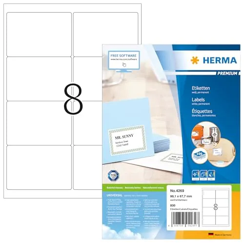 HERMA 4269 Versandetiketten - 11200 selbstklebende Adressetiketten - Hochwertige Versandetiketten im DIN A4 Format, ideal für alle Drucker. Mit extrem hohem Weißegrad für brillante Druckergebnisse und umweltfreundlichem, lösemittelfreiem Haftkleber.