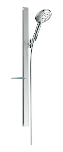Hansgrohe Raindance Select S120 BrauseSet 27648000 - Brausegarnituren mit komfortabler Strahlartenumstellung durch Select-Taste, Neigungswinkel um 90° verstellbar und edler Sicherheitsglas-Ablage für ein modernes Badezimmer.