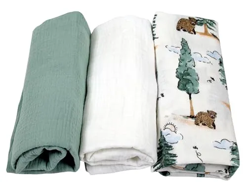 BabyLux Musselin Spannbettlaken Set – 3er Pack (40x80 cm) für Kinderwagen, Stubenwagen, Babybett & Wiege Matratzenbezug (z12 Grün-Weiß-Wald)