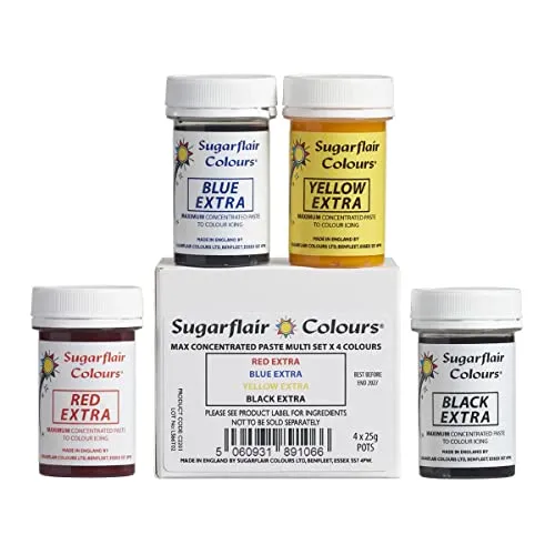 Sugarflair Lebensmittelfarbe Max Konzentriert Set/4, Max Concentrate Paste Colour Lebensmittel Farbstoff Hoch Konzentriert, EXTRA Blue, Yellow, Red, Black - 4x25g