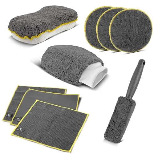 STAHLWERK Autoreinigungs-Set 9-teiliges Autopflege-Set | Aufbereitungs-Set | Autowasch-Set | Detailing-Set mit Mikrofaser-Tüchern, Felgenbürste, Waschhandschuh, Schwamm und Applikator-Pads