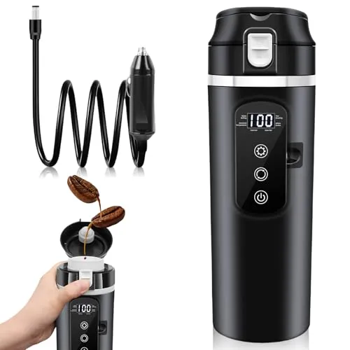 Auto Heizbecher Wasserkocher, Fahrzeugbeheizter 12V/24V Wasserkocher für Auto, 500ml, Auslaufsicher, Mini tragbar, Elektrisch, Schwarz