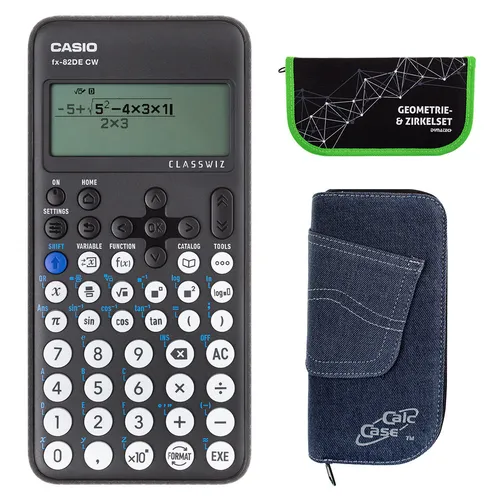 Casio FX-82 DE CW mit Jeans-Tasche dunkelblau und Zirkelset grün