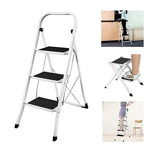 Huini Tritthocker 3 Stufen Trittleiter Stahl Klapptritt Haushaltstritt Stehleiter Klappbar Stehleiter bis 150 kg für Zuhause/Küche/Büro
