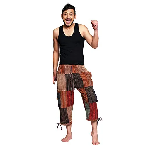 3/4 Lange Patchworkhose für Herren - Schlupfhose mit Gummizug & Bindeband, Größe L - Wanderhose für Herren im Patchwork-Stil, handgefertigt in Nepal, mit elastischem Bund für optimalen Sitz und Bewegungsfreiheit, ideal für Sport, Yoga oder entspannte Tage.