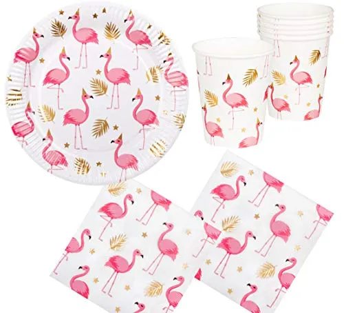 Karneval-Klamotten Flamingo Party Set Sommer Tisch-Dekoartion Geschirr 40 Teile : Teller, Becher, Servietten