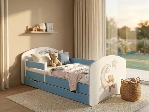 Juniorbett 144x82 cm Happy inkl. Bettkasten – Kinderbett mit Rausfallschutz in Blau