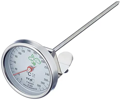 TFA Frittieröltester 14.1024 aus Edelstahl - Bratenthermometer mit analoger Anzeige und optimaler Fetttemperatur-Markierung, ideal für präzises Frittieren. Aus hochwertigem Edelstahl mit praktischem Befestigungsclip.