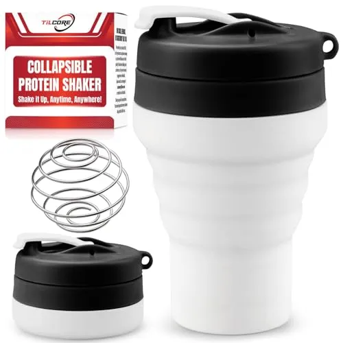Tilcore Zusammenklappbarer Protein-Shaker & Wasserflasche Lebensmittelqualität, auslaufsicherer Deckel 600 ml / 20 oz