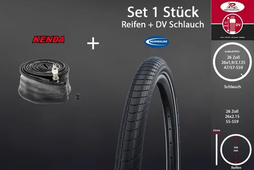 Schwalbe Big Apple 26 Zoll Reifen Set mit DV Schlauch - Hochwertiges 26 Zoll Schwalbe Reifen Set 26x2.15 mit Pannenschutz und Reflexstreifen für sicheres Fahren. Ideal für Trekking und Touren, inklusive KENDA DV Schlauch für einfache Montage.