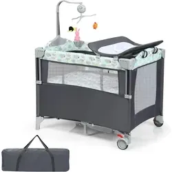 COSTWAY Baby-Reisebett 2 Ebenen 4 in 1 Babybett, mit Matratze & Spieluhr grau